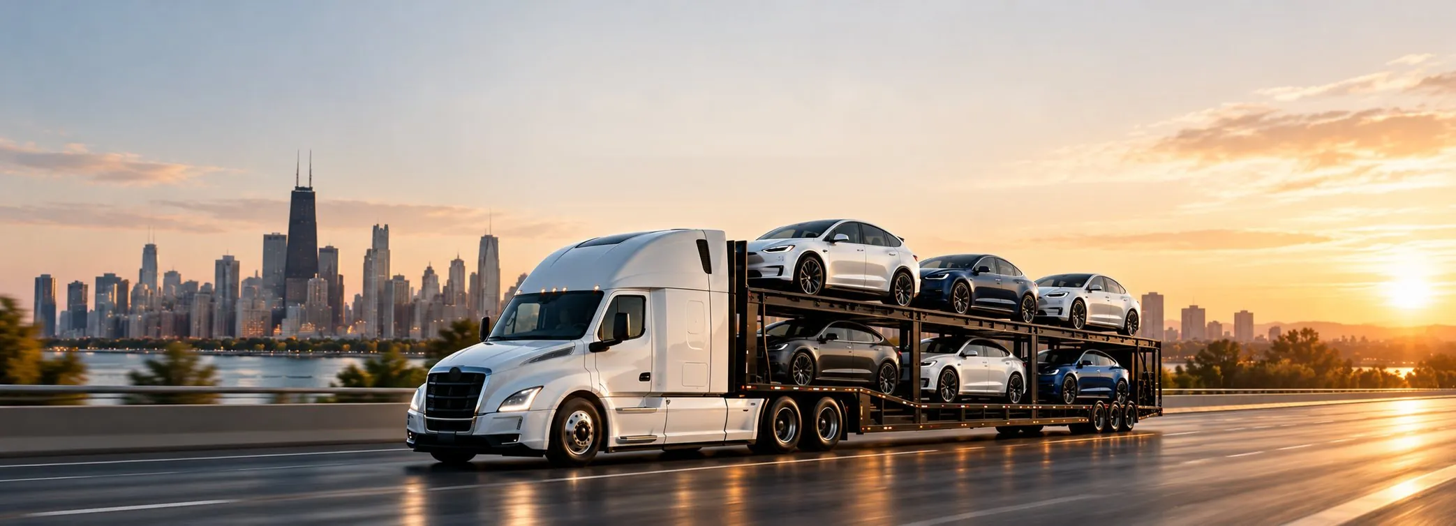 A white car carrier loaded with six cars on a highway at sunset, with a city skyline behind it