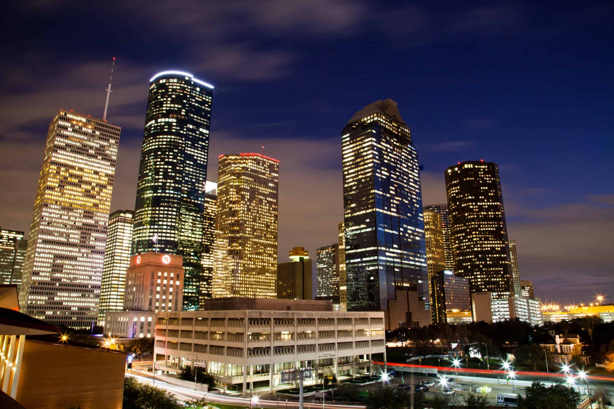 View of downtown Houston. Auto transport car shipping car transporters