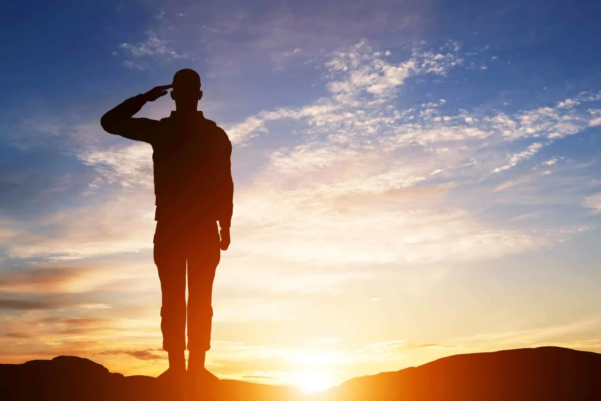 an image of a Soldier salute. Silhouette on sunset sky., U.S army,