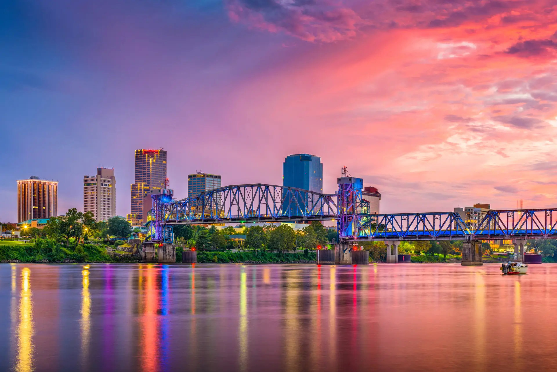 Bridge and skyline at dusk in Little Rock Arkansas