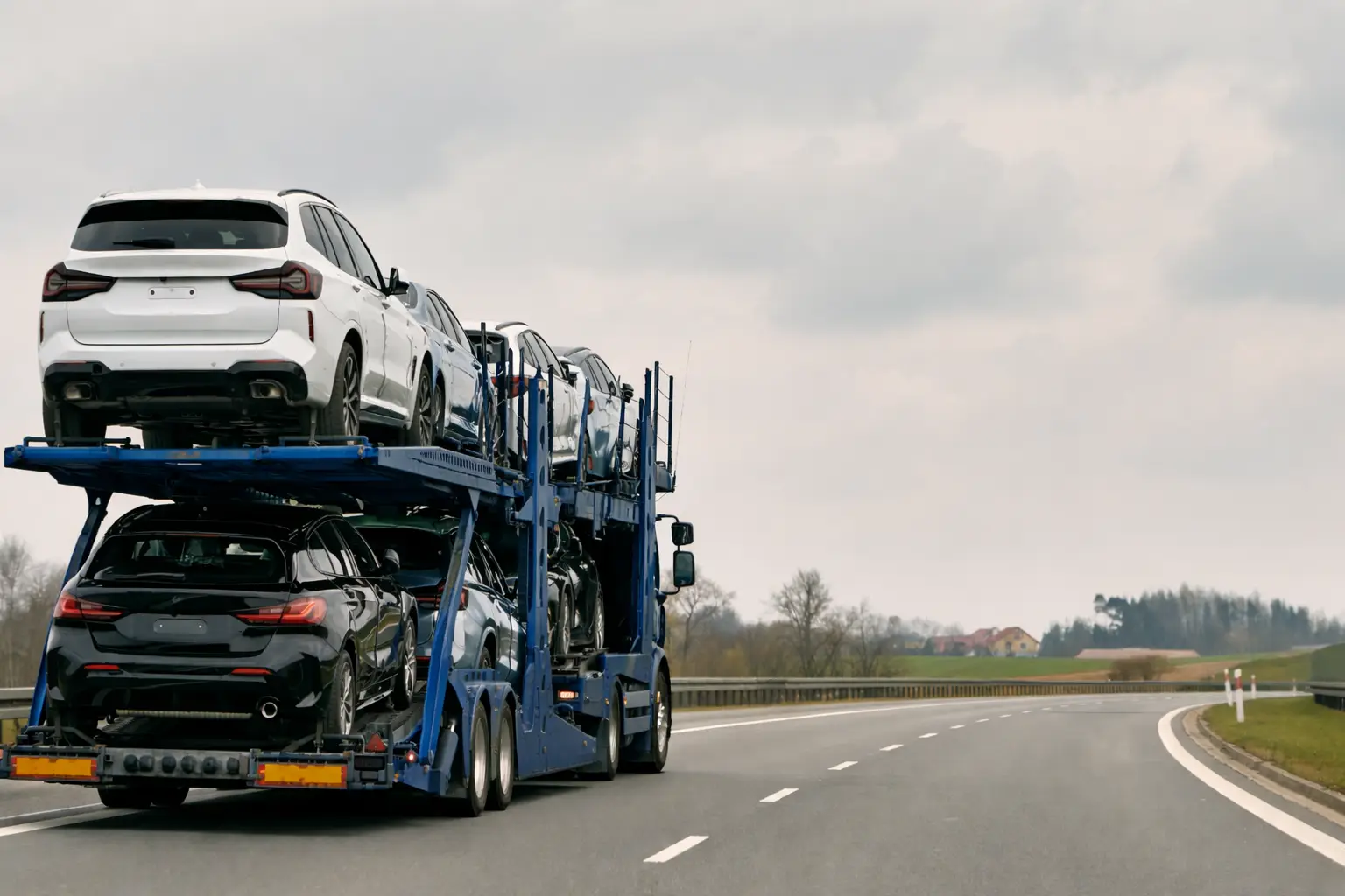 Car shipping transit time guide with auto transport carrier moving vehicles on a highway