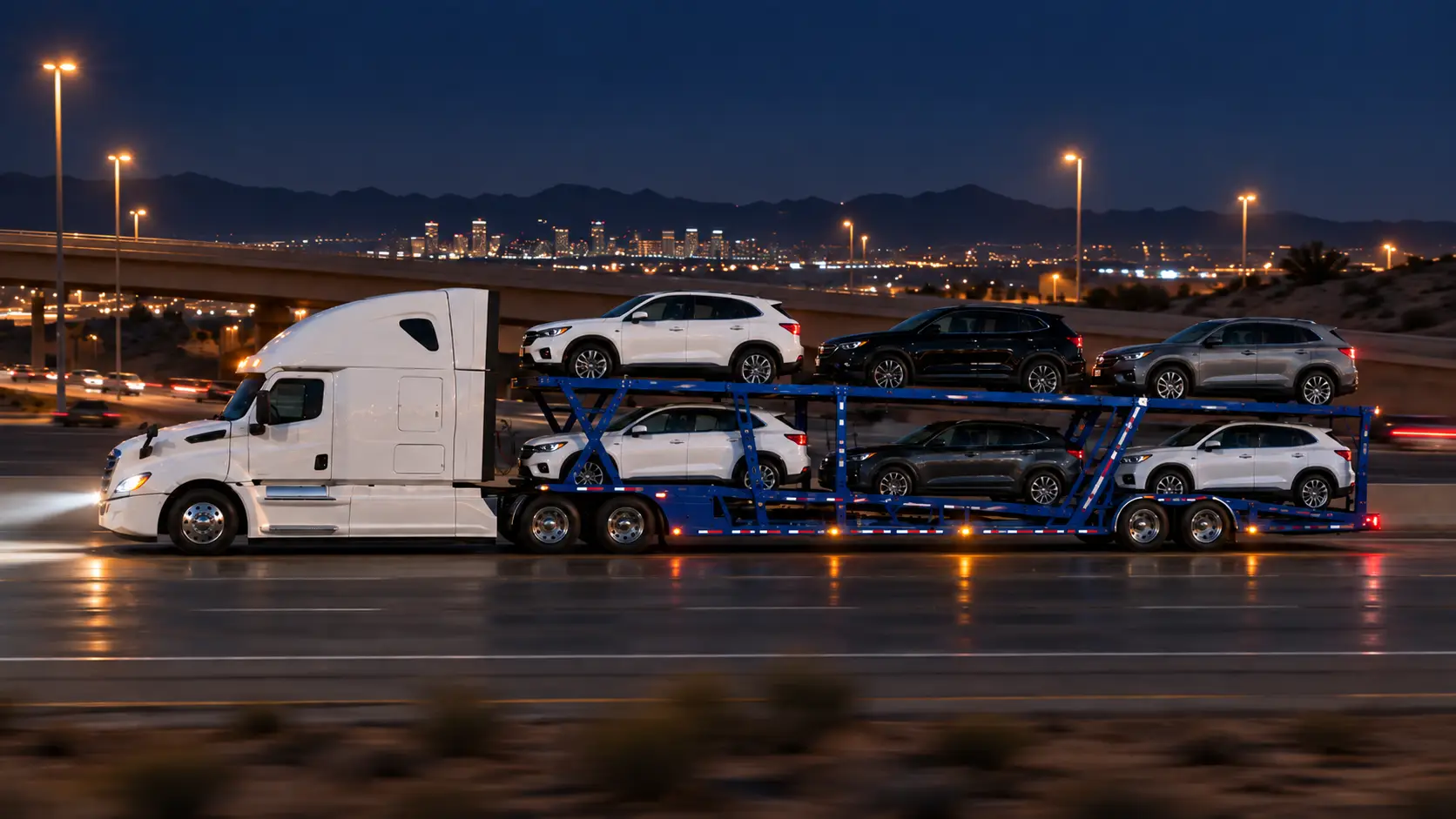 Smart Auto Move car carrier loaded with vehicles on a New Jersey to California car shipping run