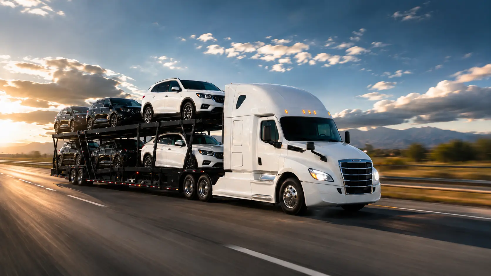 A loaded car carrier moving fast down an open highway at sunset